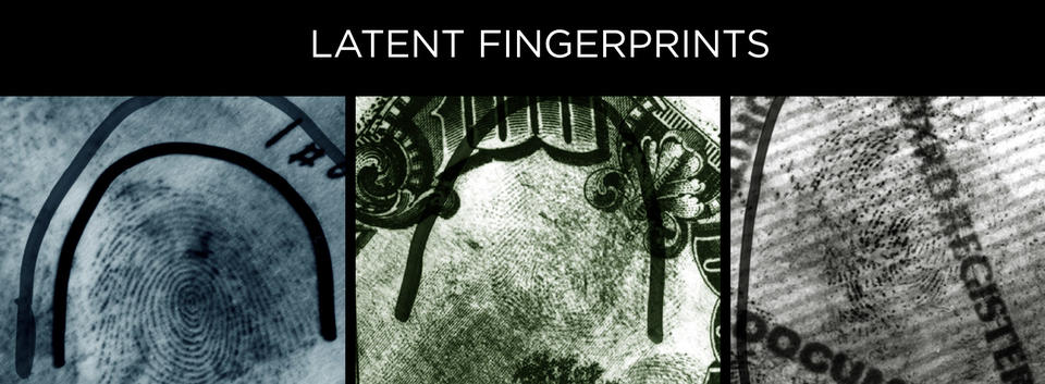 2 black and white photos of fingerprints with photo of fingerprint on $100 bill