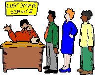 cartoon illustration of customers in line at customer service desk