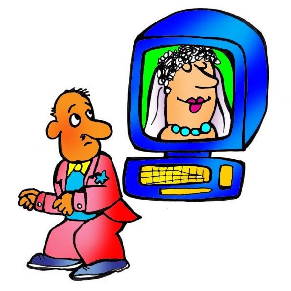 a cartoon illustrating a man looking at a computer profile of a woman