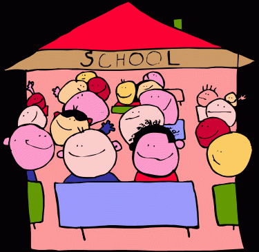 Cartoon illustration of students drawing in school