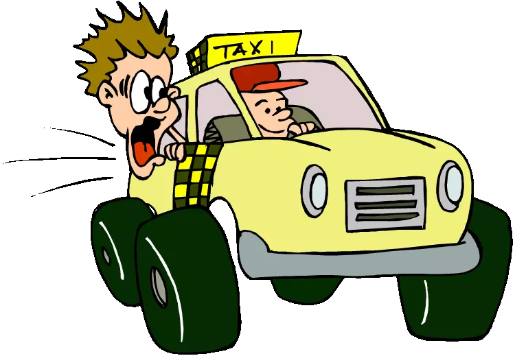 cartoon image of distressed rider in taxi