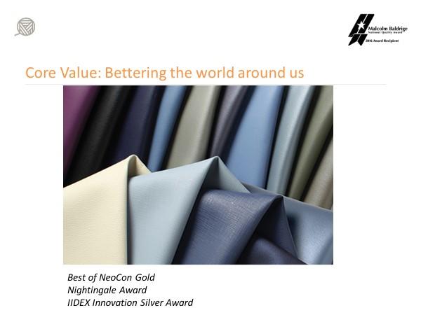 Momentum Group values and industry awards are listed over an image of fabric.