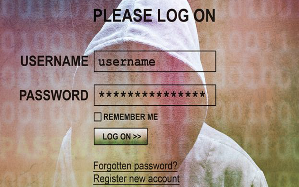 Graphic showing login screen with shadow of person in hoodie behind it