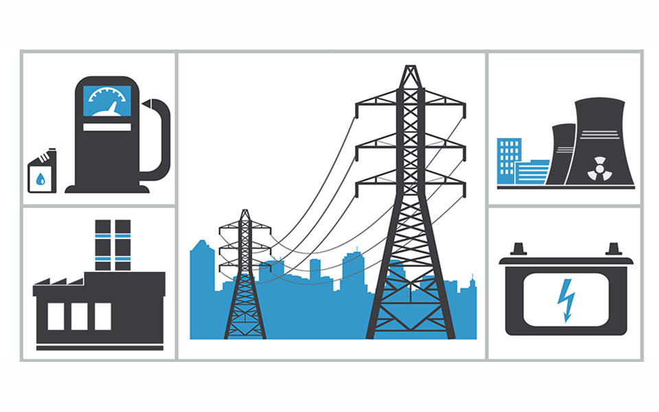 graphic illustrating different aspects of critical infrastructure, including power transmission, nuclear plants, and factories