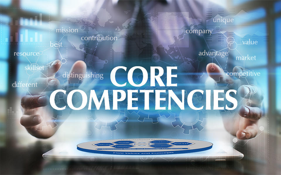 Photo showing a man with his hands around the words Core Competencies which is floating over a laptop with the Baldrige Framework Overview image.