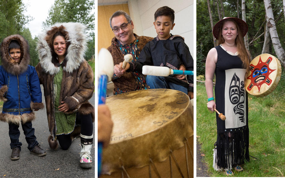 Southcentral Foundation photos of a woman and child posing on path, a man and child beating a drum and a woman holding a drum.