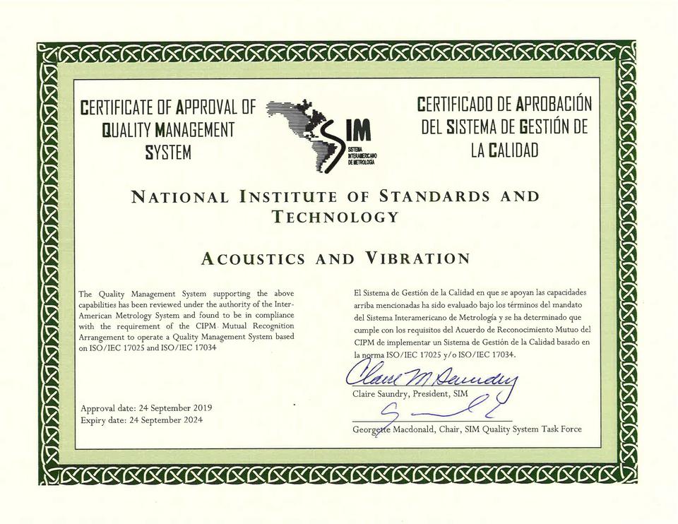 Acoustics and Vibration Quality System Certificate