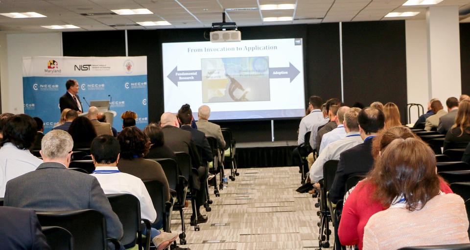 NIST Information Technology Laboratory Director Charles H. Romine welcomes the attendees to the 2019 CyberScoop DC CyberWeek event at the NCCoE October 22nd, 2019.