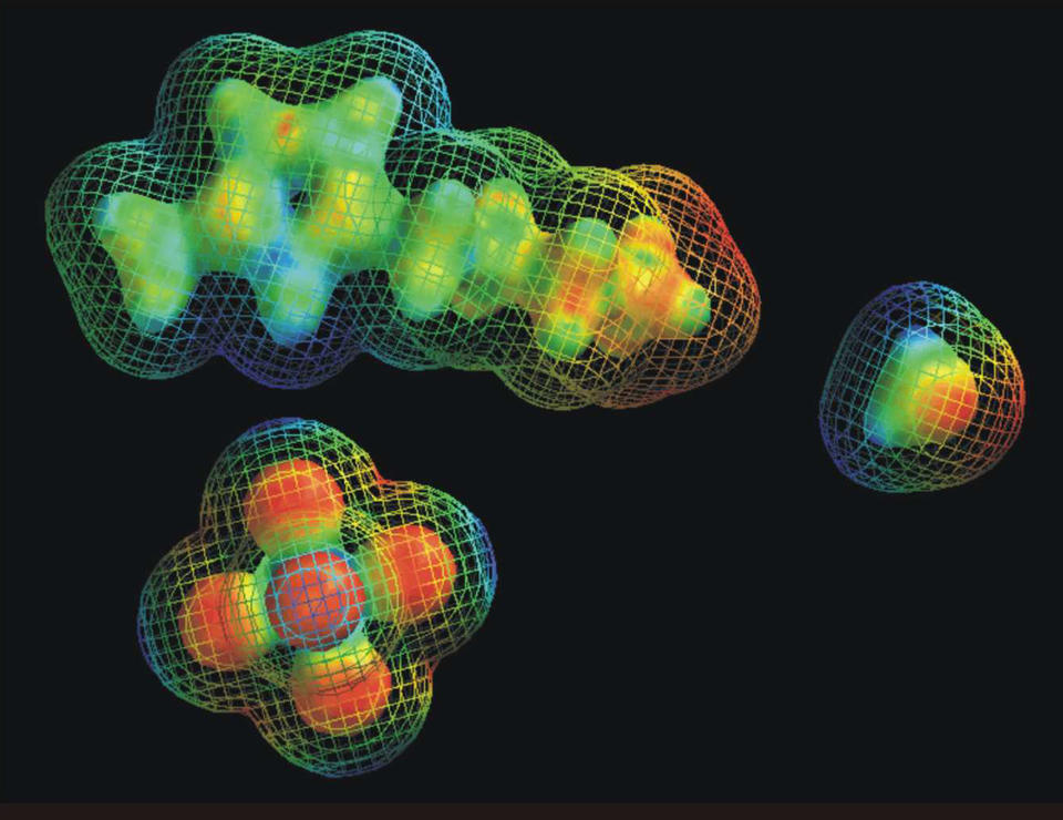 Black background. Blogs in blue, green, yellow and orange with what looks like netting around them