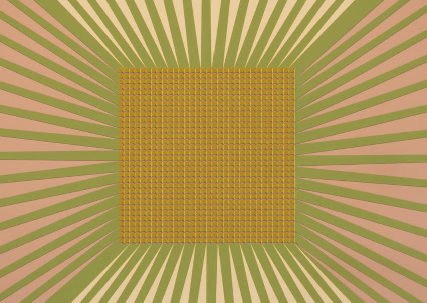 Square checkerboard with 32 squares on each side surrounded by sunbeam-like lines emanating out from around the board.