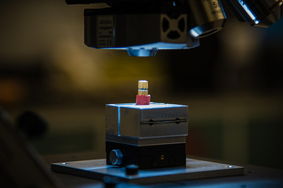 Closeup of bullet in holder under microscope