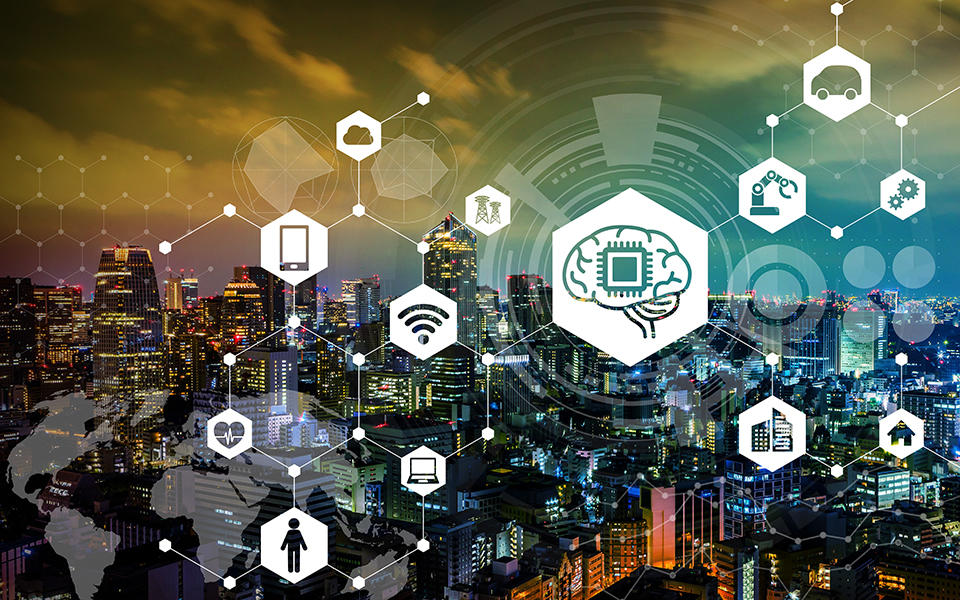 graphic showing a cityscape with various icons representing how AI will affect power generation, health, manufacturing, transportation etc.