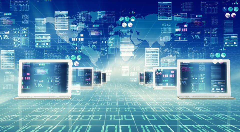 Illustration of laptop computer connected to global internet network and doing data processing