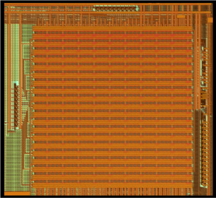 Fig. 3. Experimental Demonstration Underway: Die micro-graph of 10/10 Race Logic DNA sequence alignment array, with exposed vias ready for post CMOS memristors.