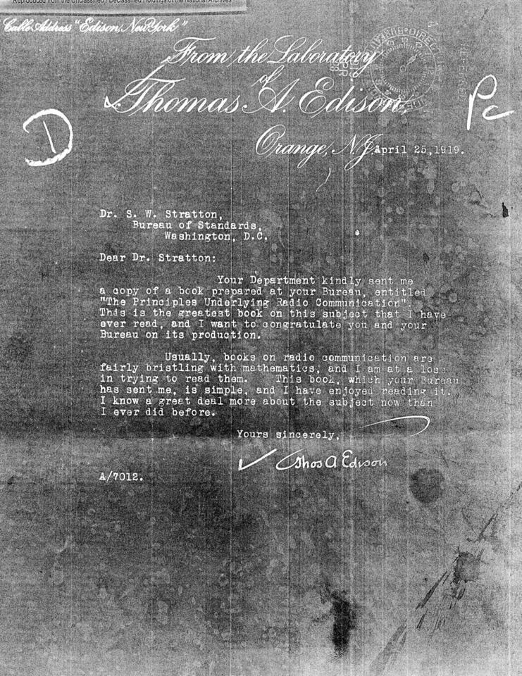 copy of a letter written by Thomas Edison