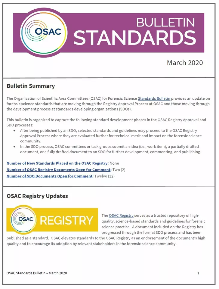 Cover of OSAC Standards Bulletin March 2020