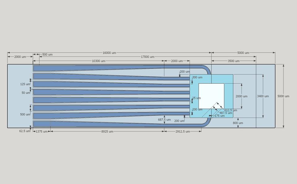 Drawing in varios shades of blue showing a waveguide design for radio frequency signals.