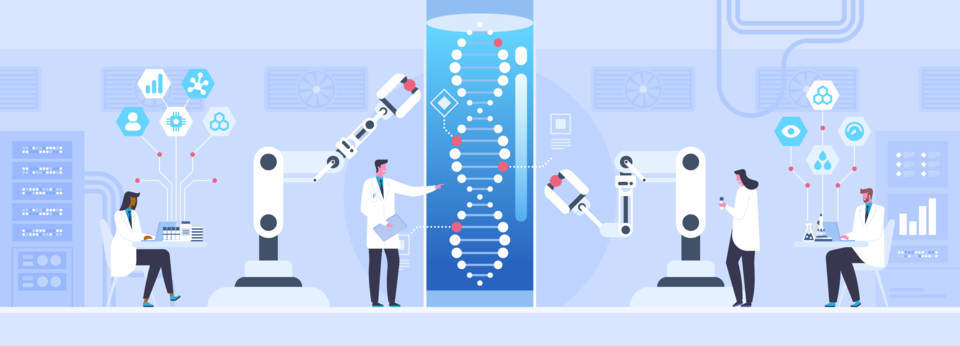 An illustration of 6 scientists working on DNA