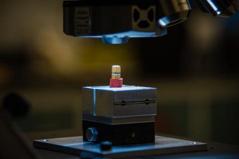 a Kennedy bullet clamped on a platform so that the end of the bullet where the firing pin struck is exposed to the camera