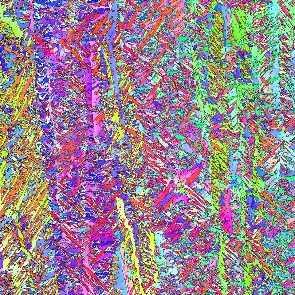 Colorized micrograph shows vertical bands and dots in purple, blue and green.