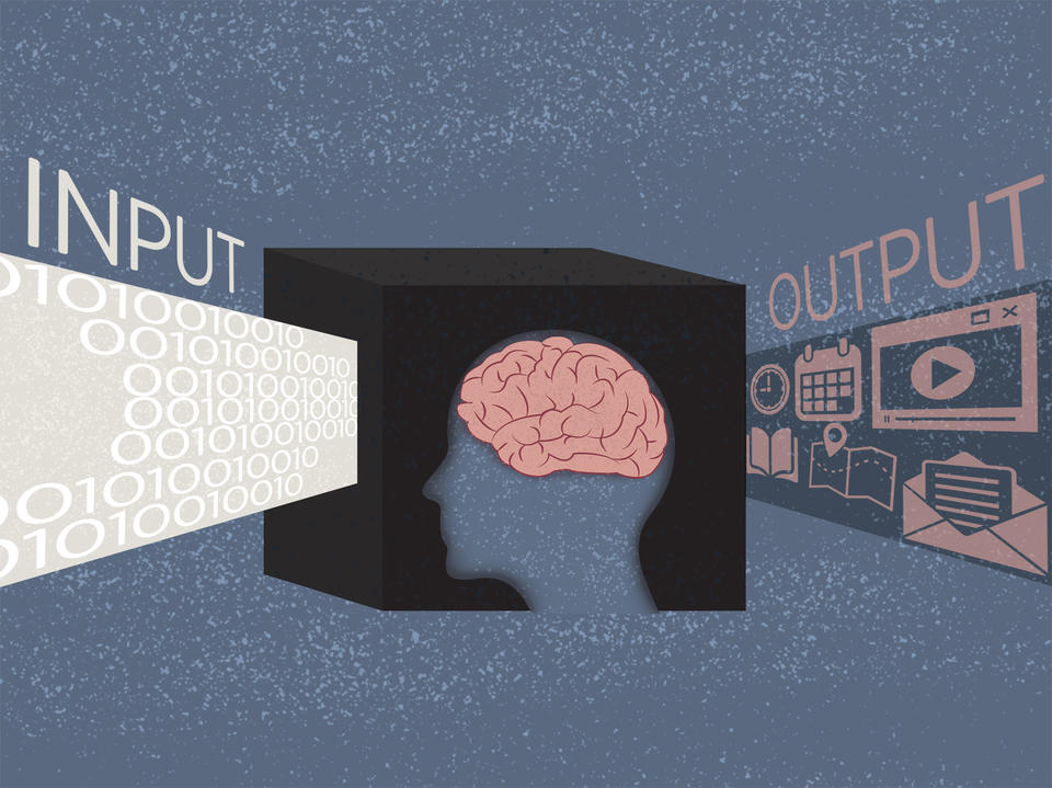 An illustration of a black box with a human brain in it. The input to the black box is 0's and 1's, the output includes icons of maps, emails, calendar appointments and other data that might be useful in a criminal investigation.