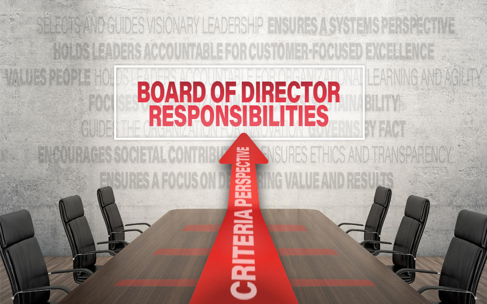 An empty board room and chairs showing the core values and concepts in the background with an arrow that says Criteria Perspective pointing to the Board of Director Responsibilities.