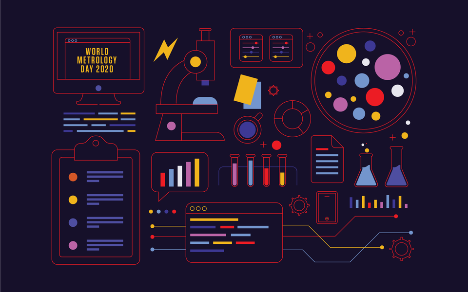 black background with many multicolored symbols representing a clipboard, a computer screen, test tubes, gears and a petri dish. On the computer screen it reads "World Metrology Day 2020"