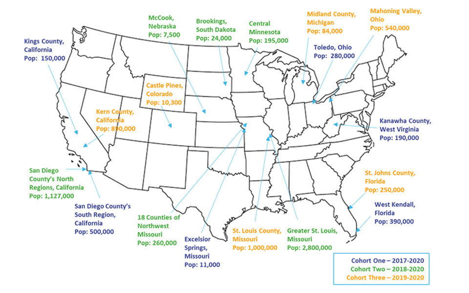 US map showing all 18 communities from 2017-2020.