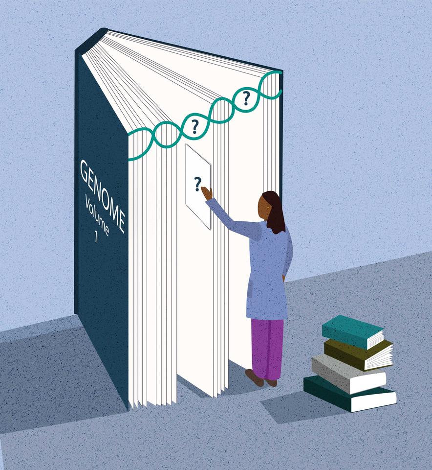 A scientist stands in front of a book, which represents the human genome, and tries to identify the missing pieces or chapters.