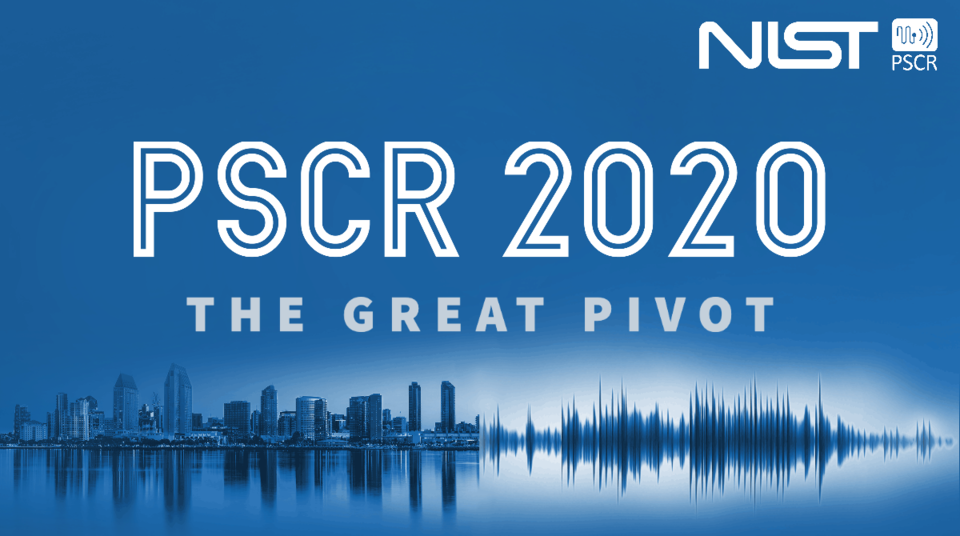 Blue graphic showing a city skyline which transforms into a sound wave. Text overlay reads: PSCR 2020 The Great Pivot.