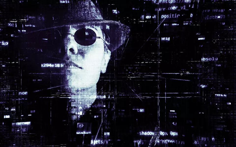 female face against a black background littered with bits of computer code. The woman is wearing a hat and sunglasses. There is a string of code coming from her mouth that looks like a cigarette.
