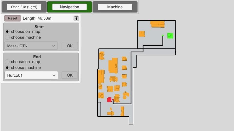 Tablet view of a factory. There are a number of machines with a path traced between two of them. 