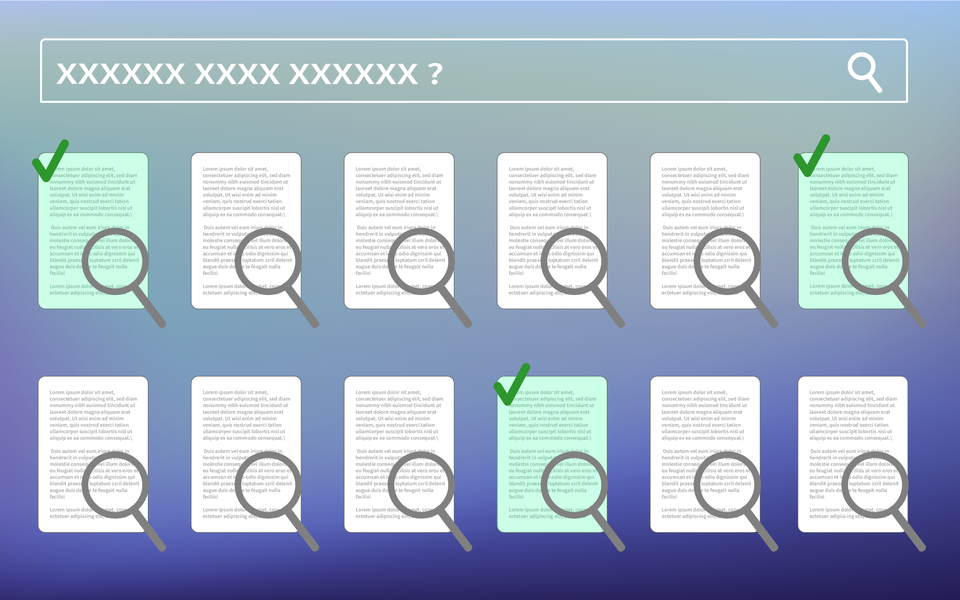 Box at top that looks like search bar. 6 icons that look like pieces of paper with magnifying glasses on top. 3 are green and checkmarked.