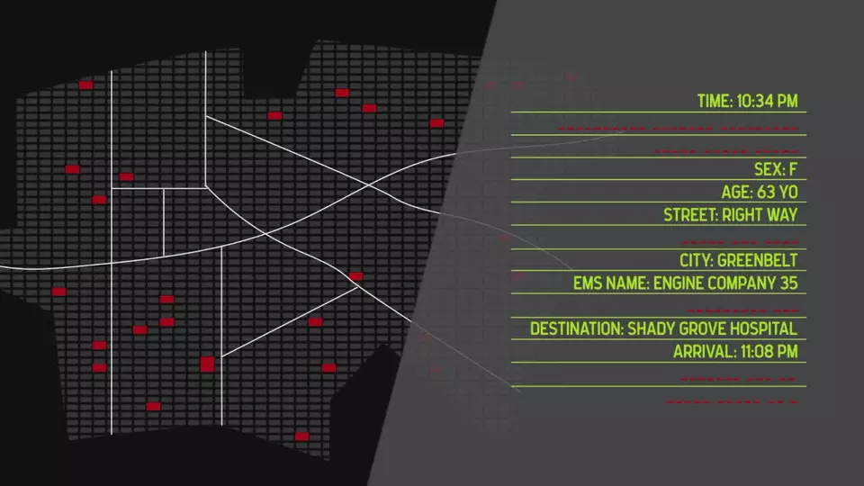 Screenshot from video shows a map on the left and a list of personal information on the right. 