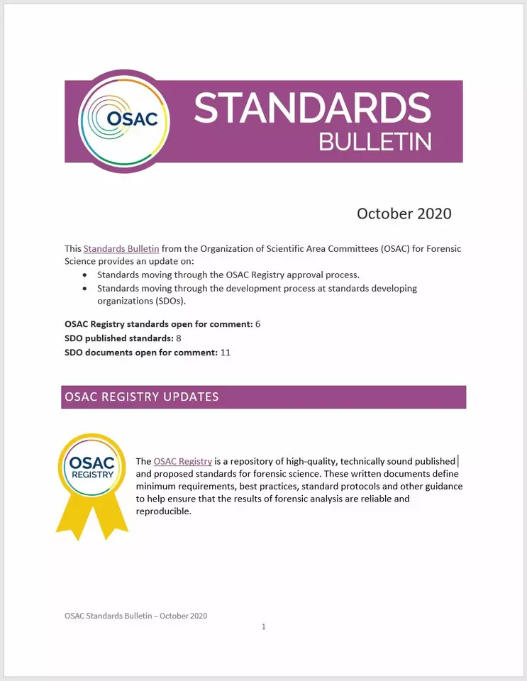Cover page of OSAC's October 2020 Standards Bulletin
