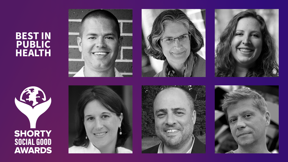 Purple background. Words on left: Best in Public Health. Shorty Social Good Awards. Two rows of b&w headshots, 3 people in each row.