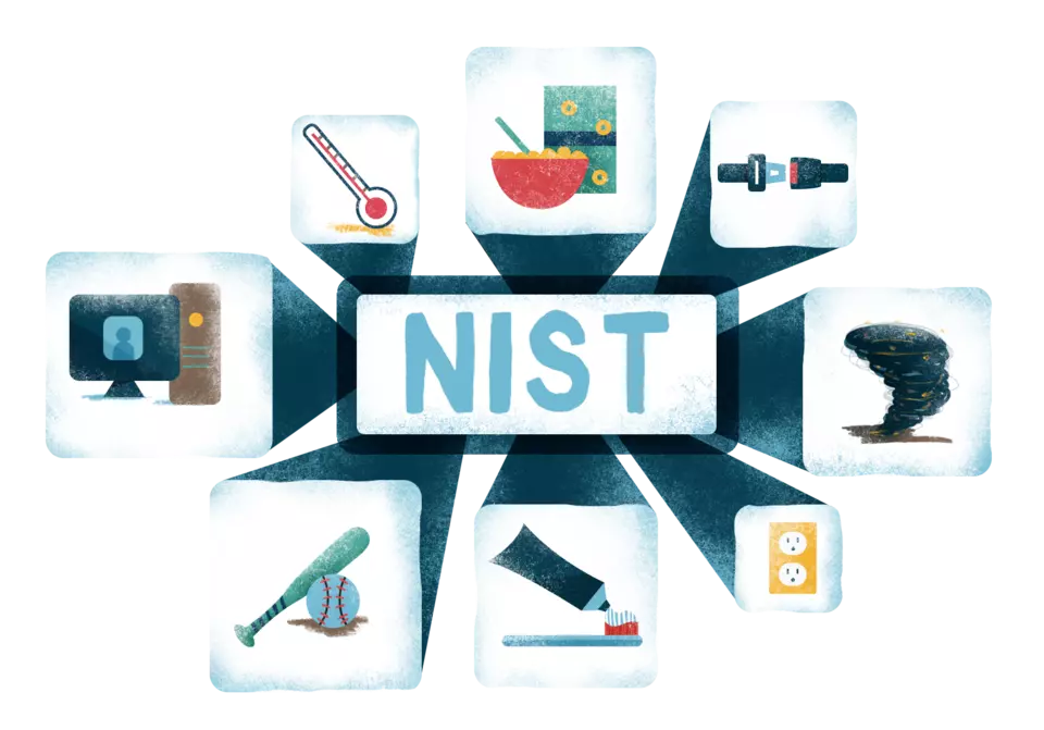 Illustration says "NIST" surrounded by images of everyday objects like a toothbrush and a cereal bowl.