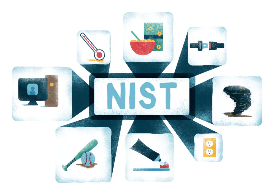 Illustration says "NIST" surrounded by images of everyday objects like a toothbrush and a cereal bowl.