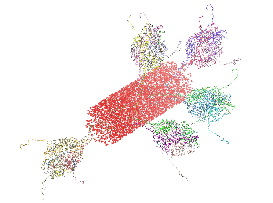 A red cylinder made of lipids has five protruding multicolored proteins.