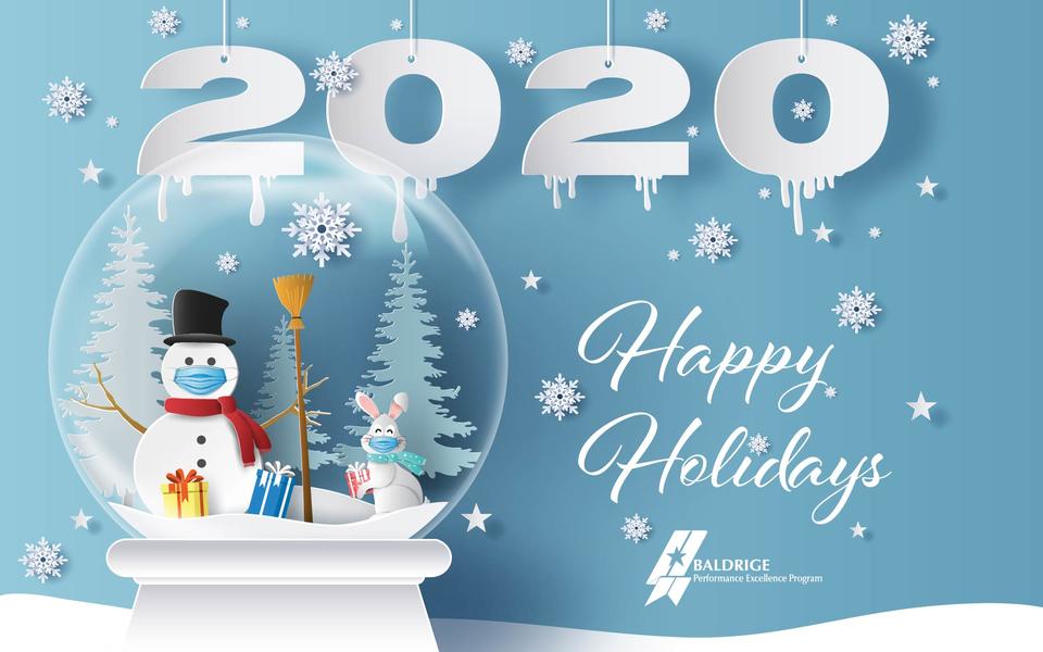 Happy Holidays 2020 with a snowman and bunny in a snow globe with a winter snow scene in background.