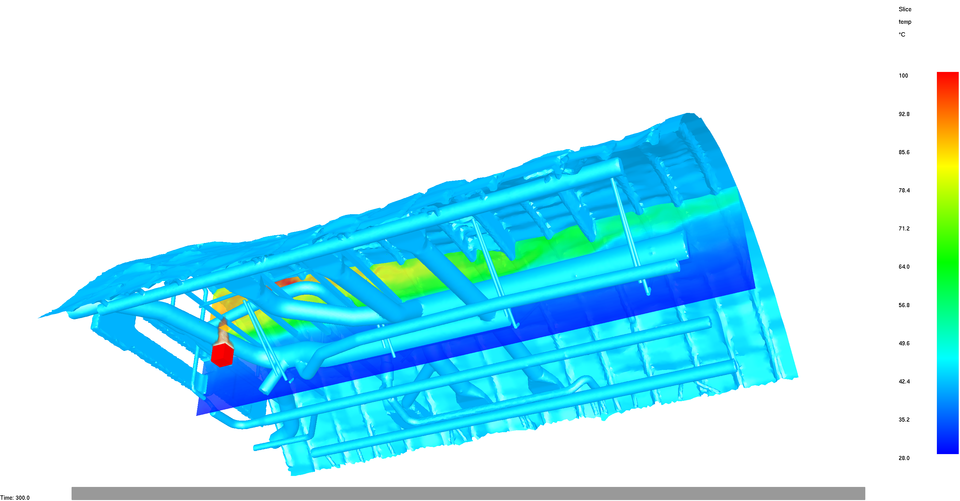 A 3D render of a gas burner producing smoke inside an airliner's overhead compartment. 