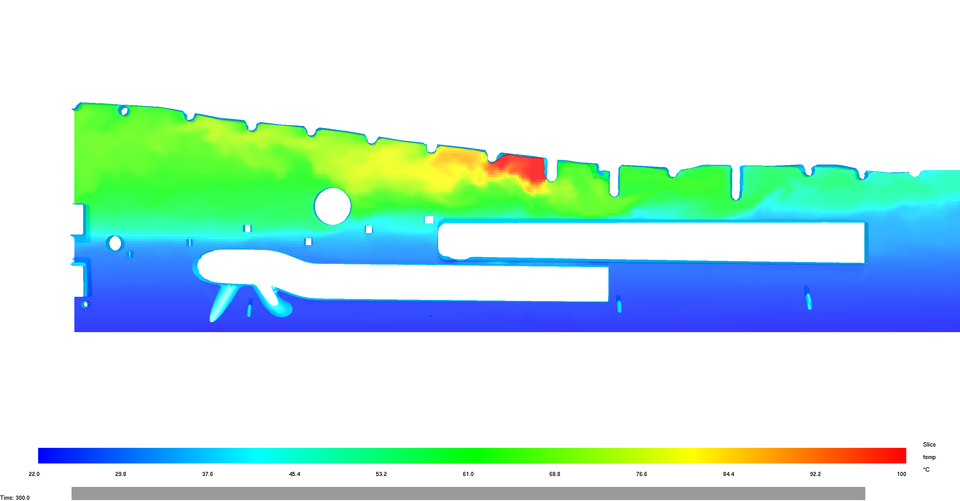 Ceiling Temperatures from the FDS Aircraft Simulation A 3D rendered cross-section of a 747's 3D overhead compartment shows smoke collecting near the ceiling, between supporting elements.