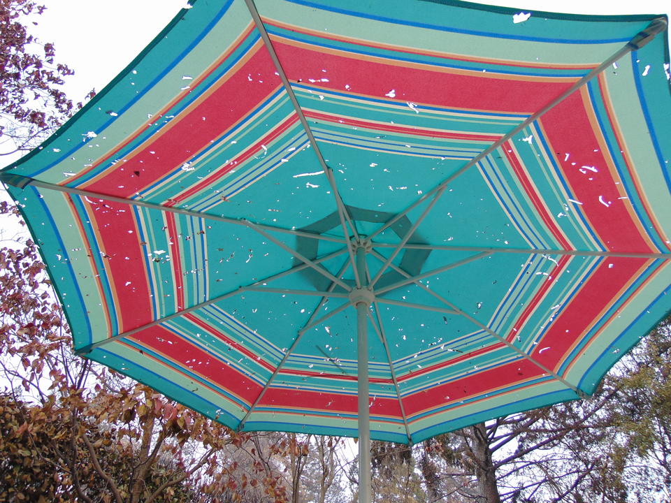 Blue and red patio umbrella has many small holes.