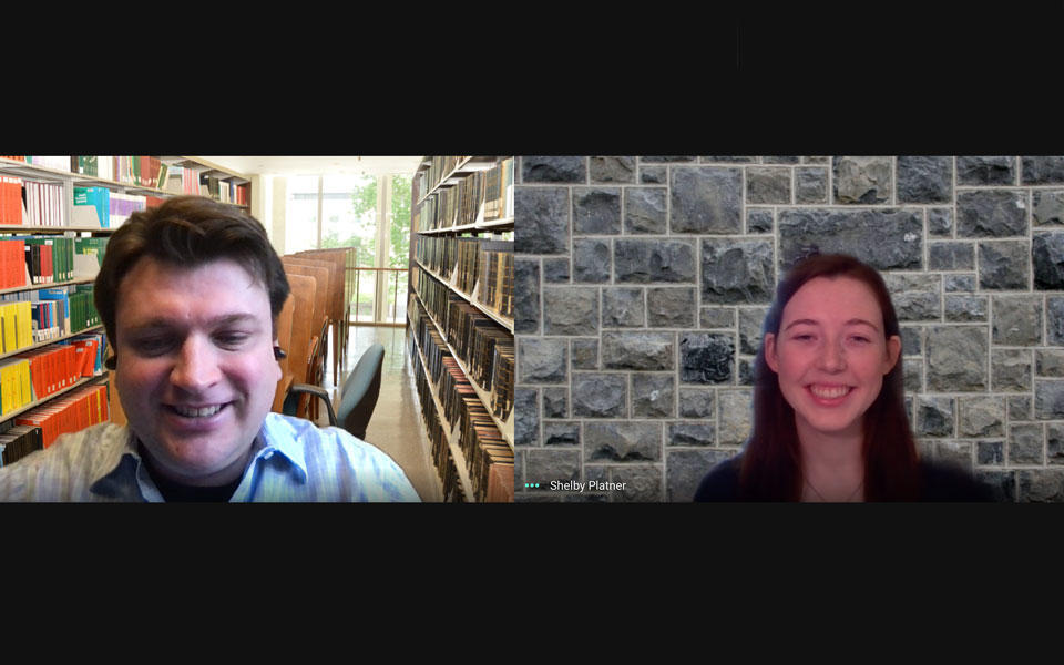 Zach Trautt and Shelby Platner sharing a split screen video call. 