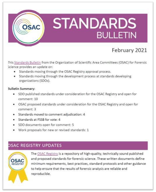 Cover of OSAC's February 2021 Standards Bulletin