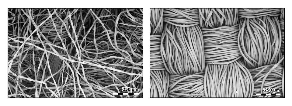 Microscopic view of mask fabrics Side-by-side black and white images of fibers with scale bars at lower left indicating the degree of magnification.