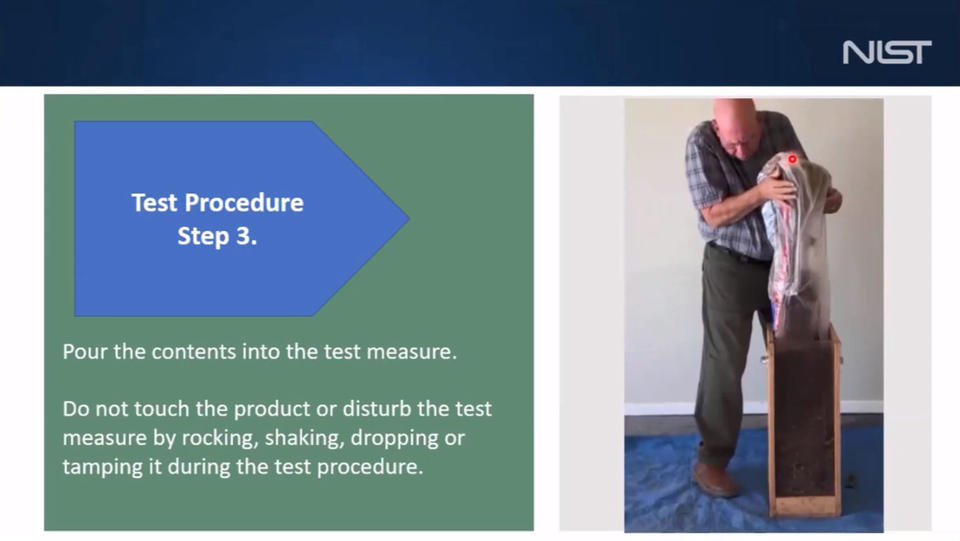 man emptying a bag of mulch into a test container. The text on the screen reads "test procedure step three, pour contents into the test measure, do not touch the product or disturb the test measure by rocking, shaking, dropping or tamping it during the test procedure.
