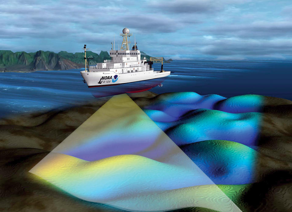 Ship on the ocean. A triangle coming from the bottom of the ship spreads out into the ocean to show a device scanning the floor. 
