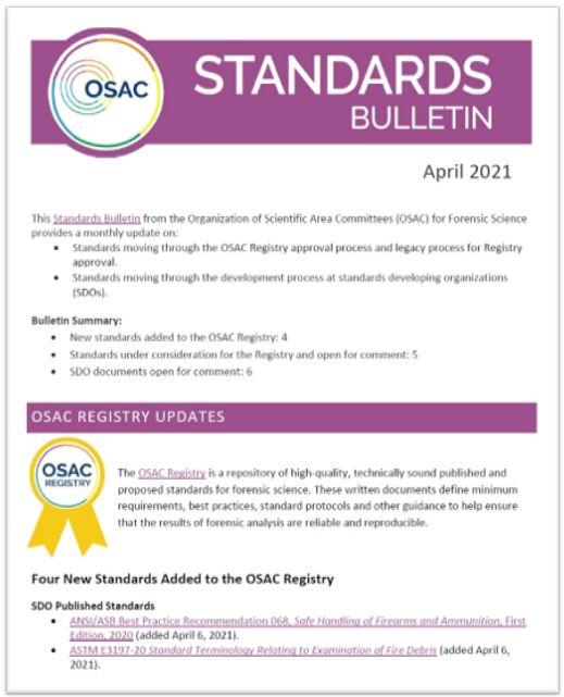 Cover of OSAC's April 2021 Standards Bulletin