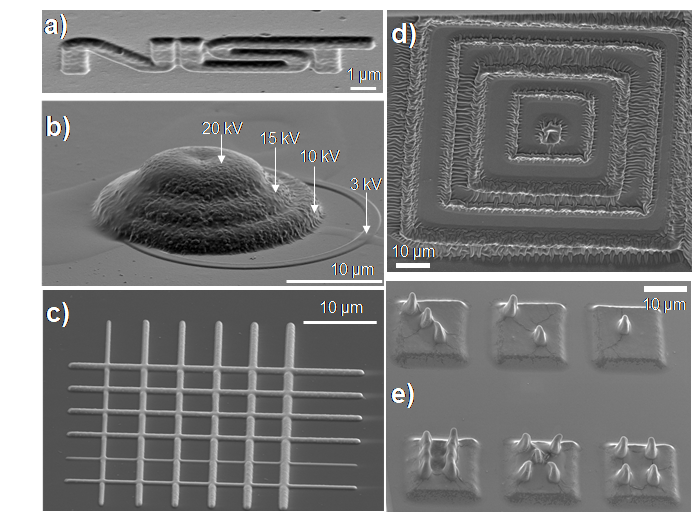 Patterns written using different beam parameters and imaged in SEM from polymer side on a tilted stage for electron beam in a), b), c) and for X-rays in d), e). Beam parameters used are a) 5 kV b) 20 kV, 15 kV, 10 kV 3 kV, c) 5 kV for varying currents d) 526 and 536 eV alternating squares. Center one is 526 eV. e) Shallow base written at 536 eV, the higher pillars are written at 536 eV.